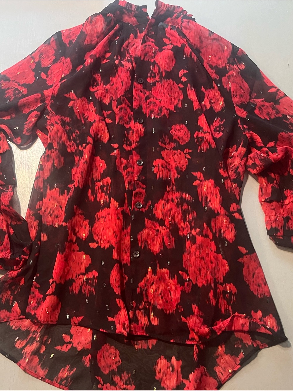 Chicos Metallic Floral Ruffle Sleeve Mock Neck Blouse Top Red Black 2 L 12